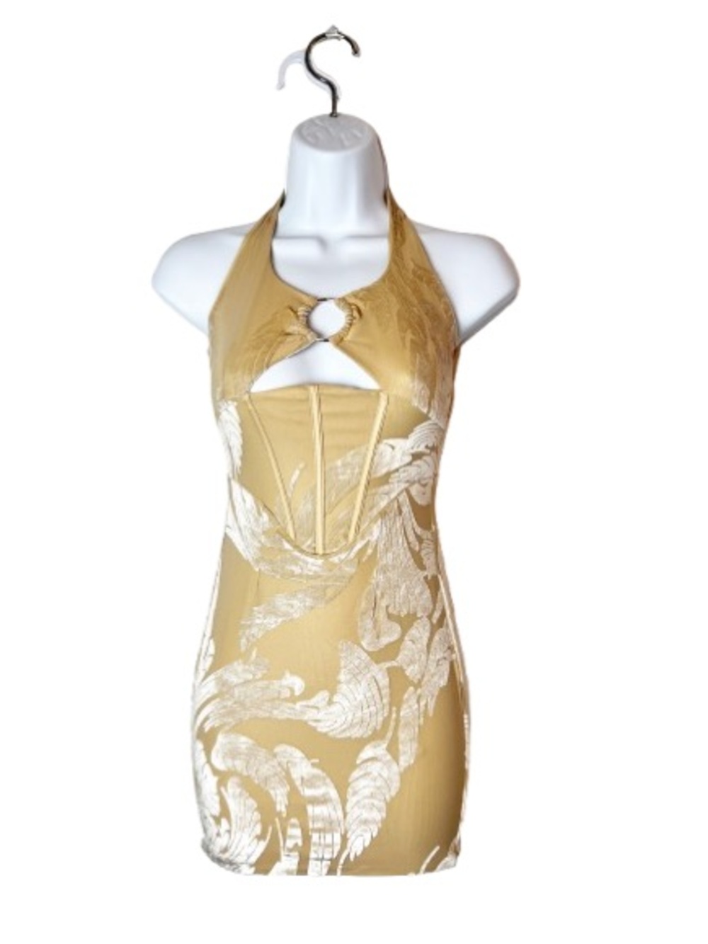 NWT SZ 2 Oh Polly Halter Keyhole Bodycon Dress in Gold Floral